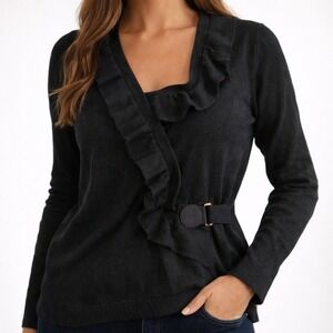 Marisa Christina Black Ruffle Front Cardigan Sweater Women's 1X 100% Merino Wool